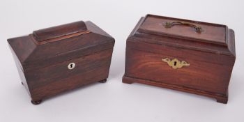 A Victorian rosewood tea caddy together with a Georgian mahogany tea caddy of rectangular form