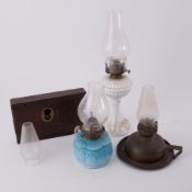 Antique large door lock together with three chamber candlesticks.