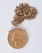 A shield back full sovereign Victoria 1847 in 9ct yellow gold mount and on a 9ct yellow gold 18