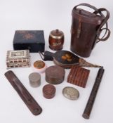 A mixed lot including old leather large binoculars case, Tortoiseshell style box, lacquered box, tea