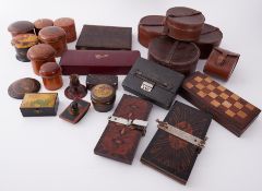 A mixed lot containing various leather collar boxes, old tie presses, assorted round boxes, glove
