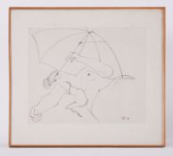 Framed drawing titled ' Girl and Umbrella' 1978-80, conte on paper, 48cm x 55cm