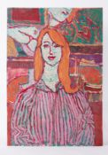 Unframed oil on board titled 'Gwen in Ochre Striped Dress' 1986, unframed oil on board , 90cm x
