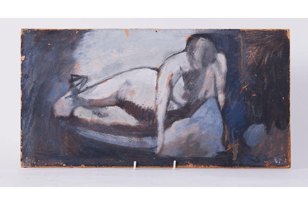 Unframed painting titled ' Press-up figure (1)' c.1955, oil on board, 26cm x 50cm - Image 1 of 2