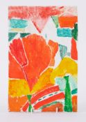 Unframed painting titled ' House and Red Garden' 1991, oil on board, 30cm x 20cm