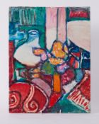 Unframed painting titled ' Still Life with Oil Lamp' 1988, oil on board, 40cm x 31cm