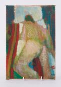 Unframed painting titled ' Nude on Bed, Back View' c.1980, oil on canvas, 30cm x 21cm, mounted on