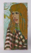 Unframed painting 'Vic in Checks (3/4 view), 1982, oil on board, 61 x 32cm.