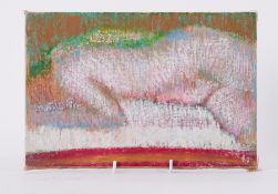 Unframed painting titled ' Study of Nude on Bed' c.1980, oil pastel on canvas on board, 21cm x