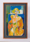 Framed painting titled ' Model Robing' 1987, oil on board, 91cm x 61cm
