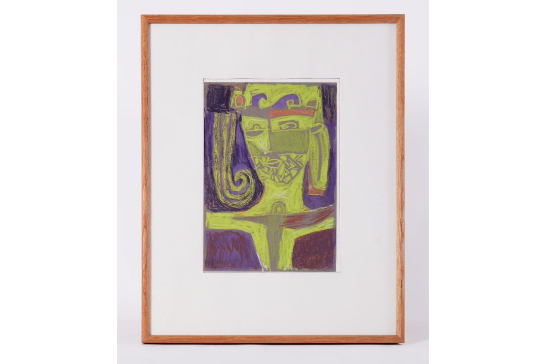 Framed painting- untitled 'Deity' purple and yellow, oil pastel on paper , 51cm x 41cm