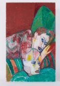 Unframed painting titled 'Gwen and Kip Resting' c.1988, acrylic/board, 98cm x 61cm
