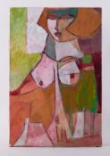 Unframed painting titled ' Figure with Imposed Patterns' c.1992, oil on canvas, 61cm x 52cm