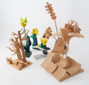A collection of five wooden sculptures including 'Wings over Water', 'Flowering Forms' 2007 and '