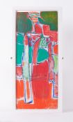 Framed painting titled ' Red Landscape and Trees, Tuscany' 1987, oil on wood, 78cm x 33cm