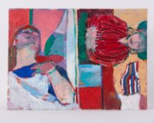Unframed painting titled ' Leaning Figure with Painting on its Side' 1985, oil on board, 43cm x