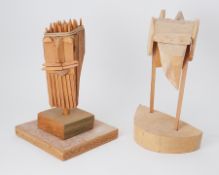 Two wood sculptures 'Big Bird' 1999 and 'Head Study', height approx 38cm (2) On his wooden