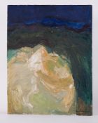 Unframed painting 'Hayfields in Hills, Donegal' 1962, oil on board, 71 x 54cm.