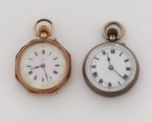 An ornately designed 14k yellow gold fob watch with hexagonal design, engraving & enamelled dial,