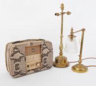 Ultra vintage radio with alligator type casing together with two brass desk lamps.