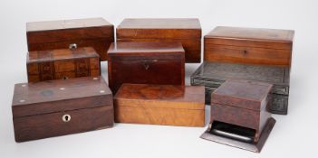 Collection of eight boxes and a cigarette dispenser, including tea caddy's, sewing boxes also napkin