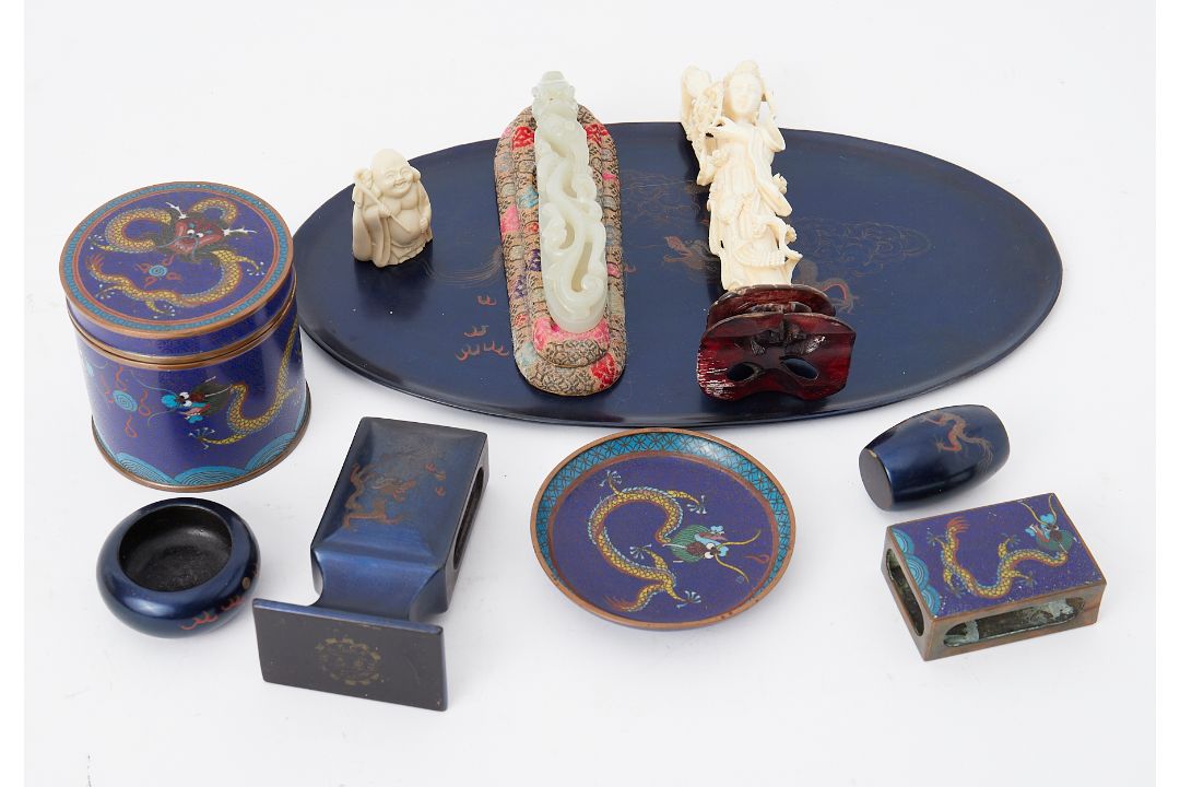 Various Chinese and oriental objects including 20th century jade style carving, figurative