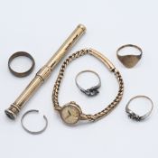 A mixed lot including a 9ct yellow gold vintage ladies Omega wrist watch with 9ct gold bracelet,