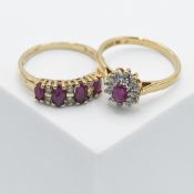 An 18ct yellow gold ring set with a central oval cut ruby, surrounded by small round cut diamonds,