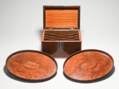 A 19th century mahogany stationary box and a pair of inlaid oval small trays (3)