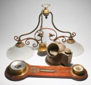 Brass binnacle compass, twin light brass fitting and marine clock barometer (3)