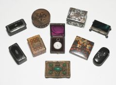 Interesting collection of nine Antique small boxes including snuff boxes, etc