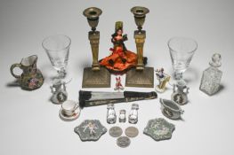 Pair of Victorian heavy brass candlesticks, 26cm and other objects