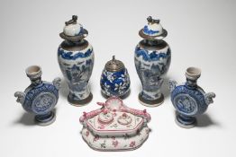 Pair of Chinese crackle glaze vases and covers (faults), also pair of German salt glaze moon flasks,