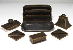 A metal and lacquered? Desk set to include letter rack, inkwells, stamp box etc (9).