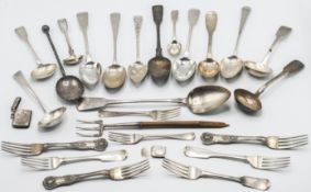 A quantity of silver serving spoons, ladles, forks, etc, total weight 45.45oz.