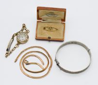 A small mixed lot to include a 15ct yellow gold and seed pearl (pearls missing), 9ct gold Waverley
