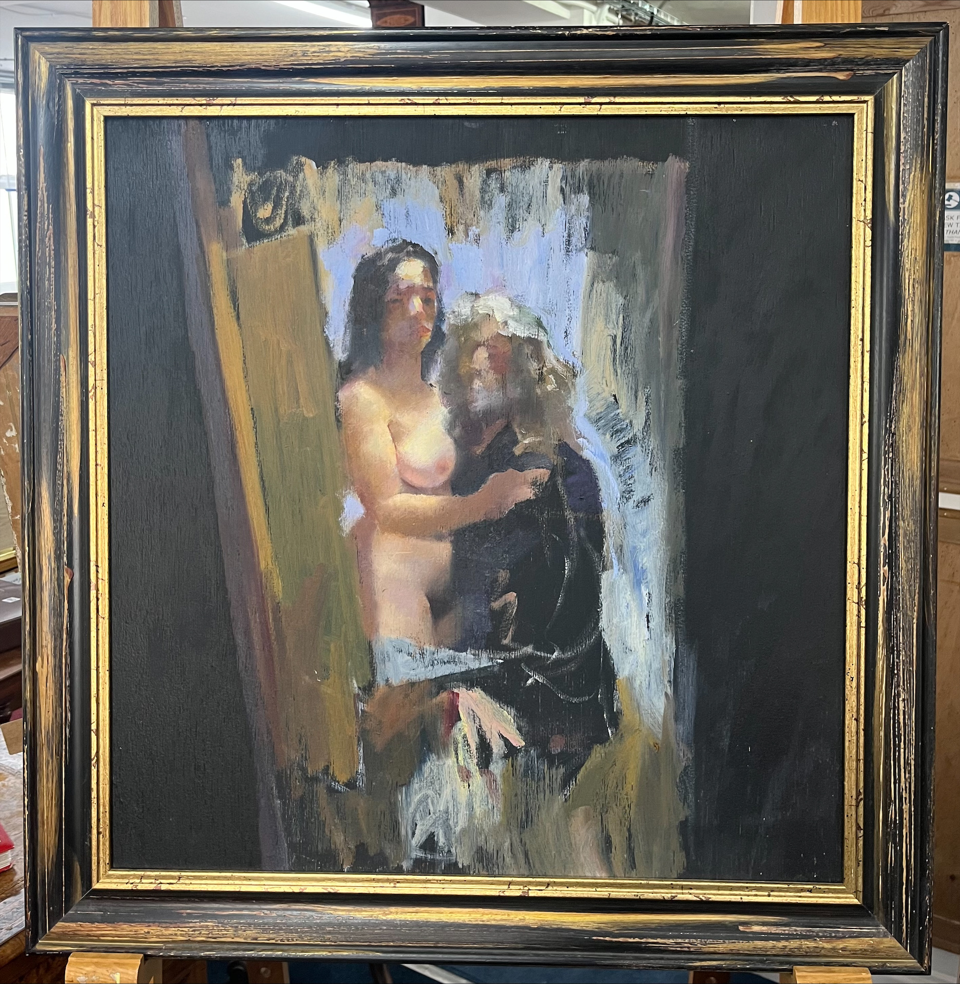Robert Lenkiewicz (1941-2002), 'Painter with Brunette Model, Standing', oil on board, framed, (