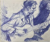 Robert Lenkiewicz (1941-2002) three early drawings in blue biro and pencil, one of the guitarists is