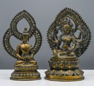 Two bronze figures of deities, Himalayan, one of a multi-armed Boddhisattva and the other of Buddha,