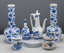 A collection consisting of a pair of blue and white bottle vases, 19th century, the globular body