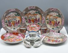 A collection of 'Mandarin Palette' porcelain, Qianlong, comprising; four octagonal plates decorated