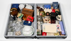 A quantity of costume jewellery along with porcelain, decanter stoppers, Mauchline ware, first day