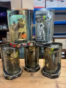 A set of five Hashbro rotating figures including Obi-Wan Kenobi, Stormtrooper, Qui-Gon Jinn, C3PO