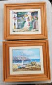 Two continental small framed oil on canvas's one coastal scene, one street scene, 37cm x 32cm (2).