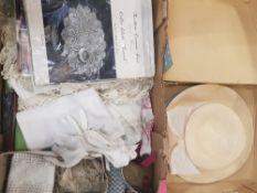 A mixed collection of Vintage Textiles including a boxed summer hat, laced gloves, fabrics, linens