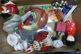 A mixed collection of Decorative Chicken Pot & similar, tube lined wall plaque, Christmas figure etc
