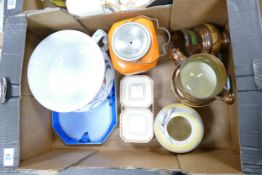 A mixed collection of items to include Keelings Art Deco Guzunda, Floral decorated biscuit barrel,