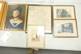 Framed Reproduction Antique Map of Staffordshire, Oil on Board Portrait, two framed Prints & small