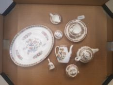Wedgwood Kutani Crane miniature tea service, oval platter, teapot, coffee pot, trio, milk and sugar.