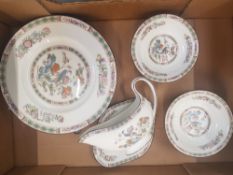 Wedgwood Kutani Crane dinnerware items, 8 dinner plates, 8 bowls, gravy boat and saucer. (1 Tray)